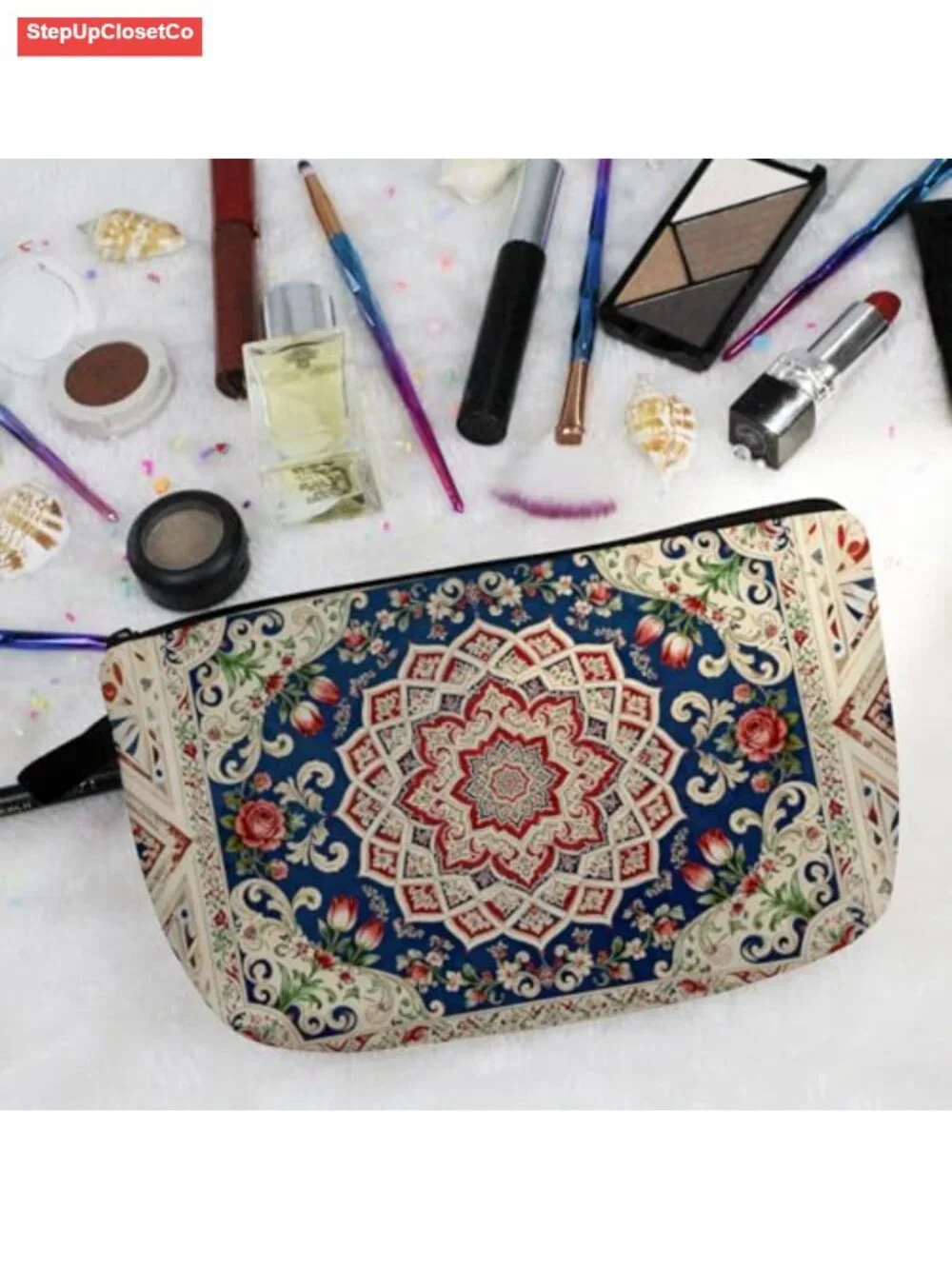 Vintage European Court Floral Polyester Cosmetic Bag with Zipper